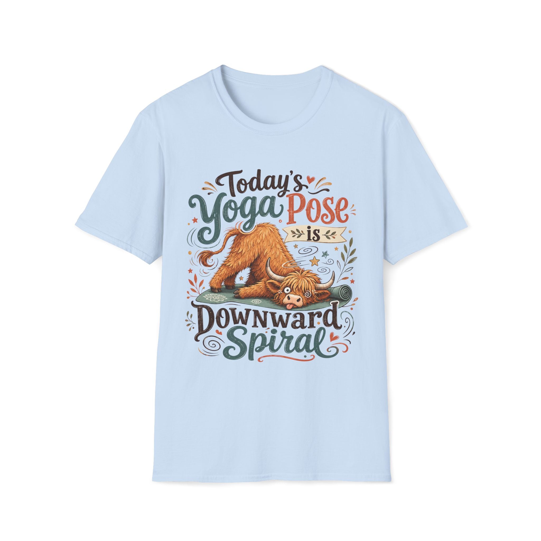 Highland Cow Downward Spiral Yoga Pose Unisex T-Shirt Light Blue Unisex Adult T-shirt animal Fitness Globally Fulfilled