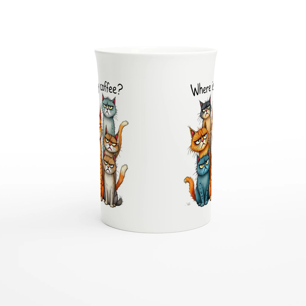 Where Is My Coffee, Cranky Cats - White 10oz Porcelain Slim Mug Porcelain Mug animal Coffee Globally Fulfilled