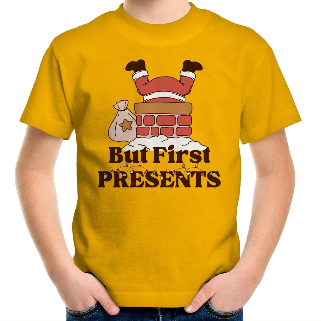 But First Presents, Santa In Chimney - Kids Youth T-Shirt Gold Kids Christmas T-shirt Christmas Printed In Australia