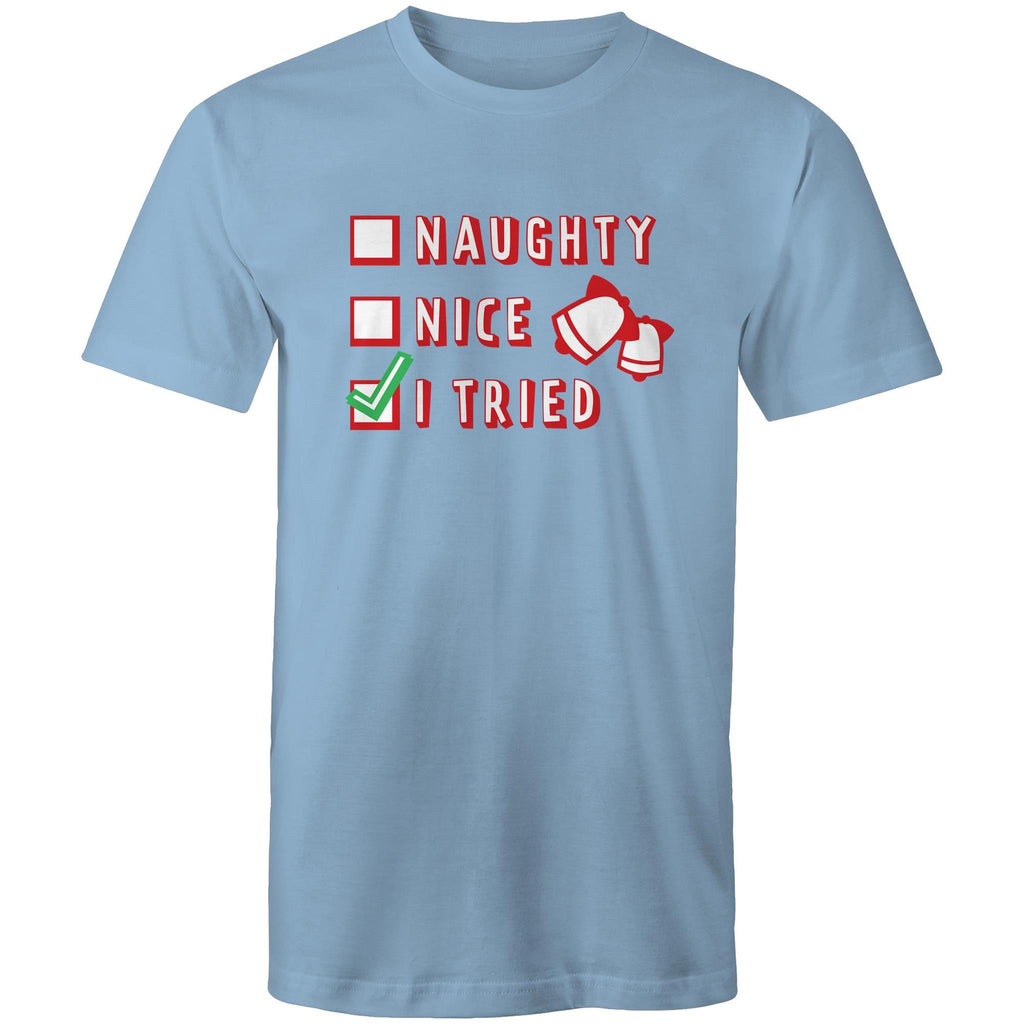 Santa's List, Naught, Nice, I Tried, Christmas - Mens T-Shirt Carolina Blue Mens Christmas T-shirt Christmas Printed In Australia