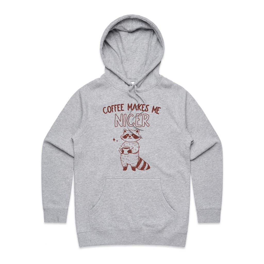 Coffee Makes Me Nicer, Raccoon - Womens Hoodie Grey Marle Womens Hoodie animal Coffee Printed In Australia