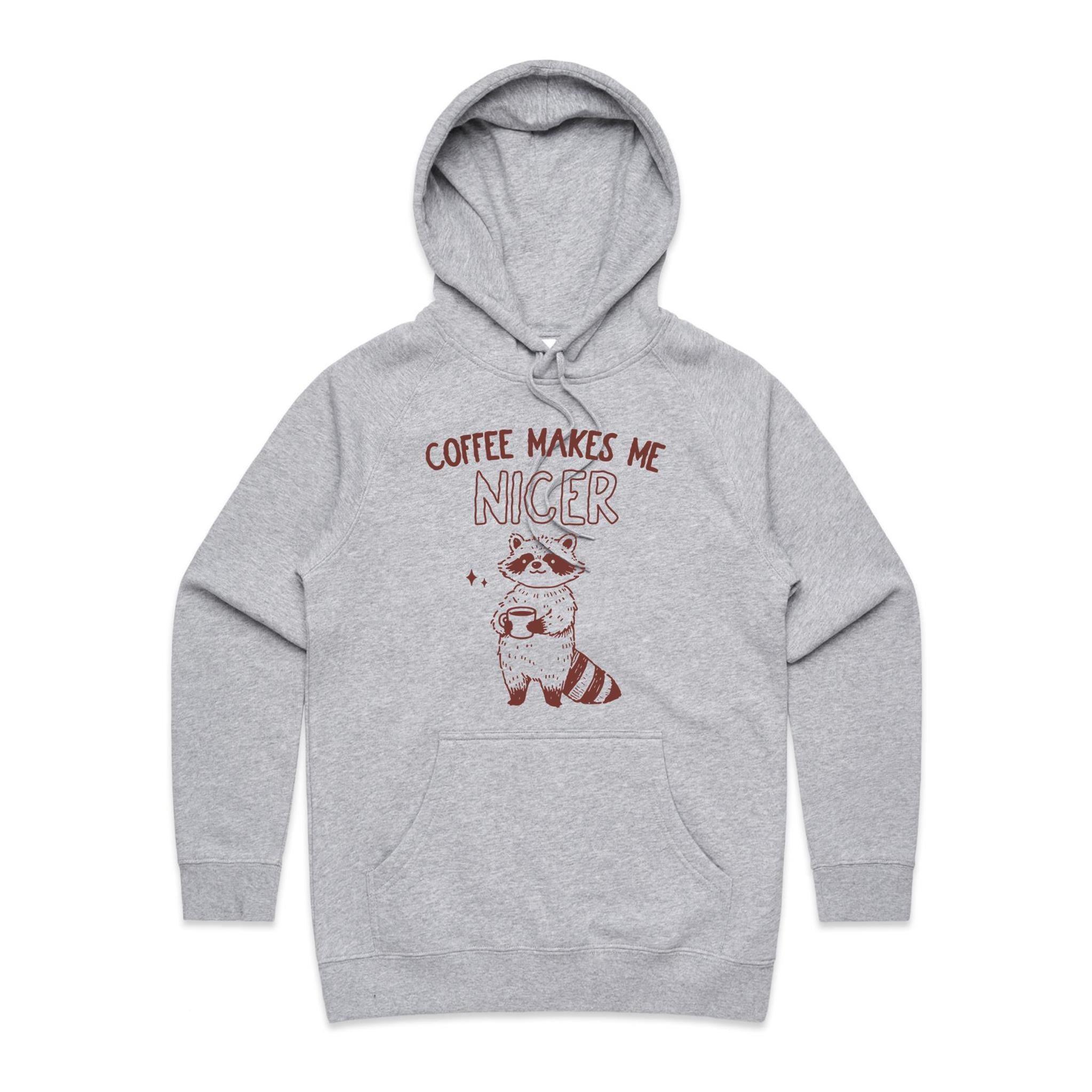Coffee Makes Me Nicer, Raccoon - Womens Hoodie Grey Marle Womens Hoodie animal Coffee Printed In Australia
