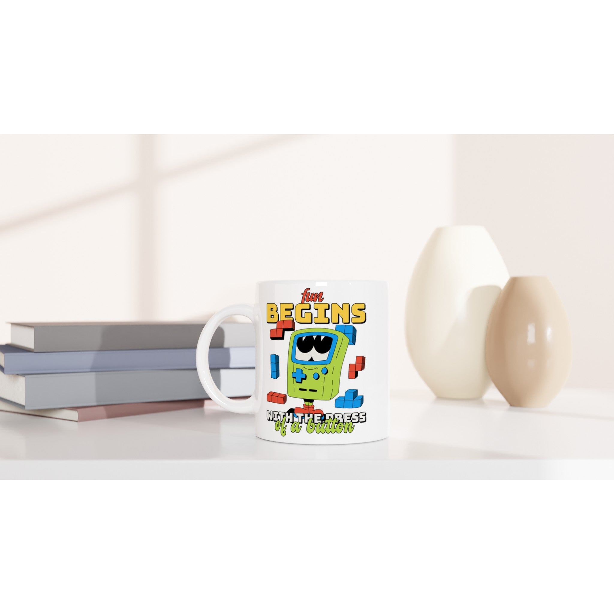 Fun Begins With The Press Of A Button - White 11oz Ceramic Mug White 11oz Mug Games Globally Fulfilled