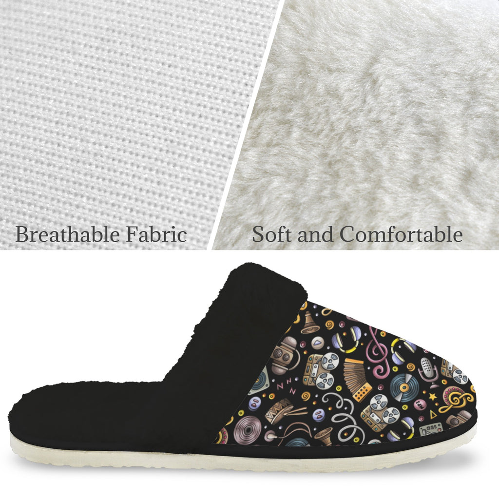 Retro Music Mix Men's Fur Trim Thick-Sole Indoor Slippers Men's Fur Trimmed Slippers Music Printed Offshore