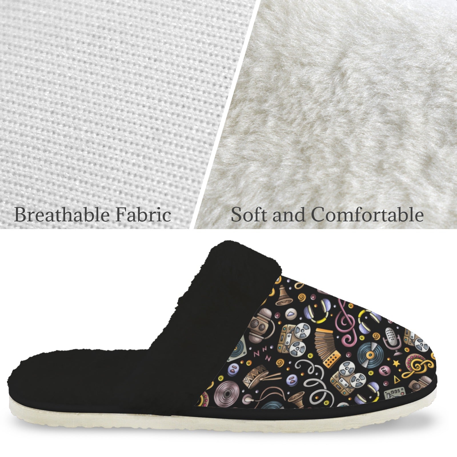 Retro Music Mix Men's Fur Trim Thick-Sole Indoor Slippers Men's Fur Trimmed Slippers Music Printed Offshore