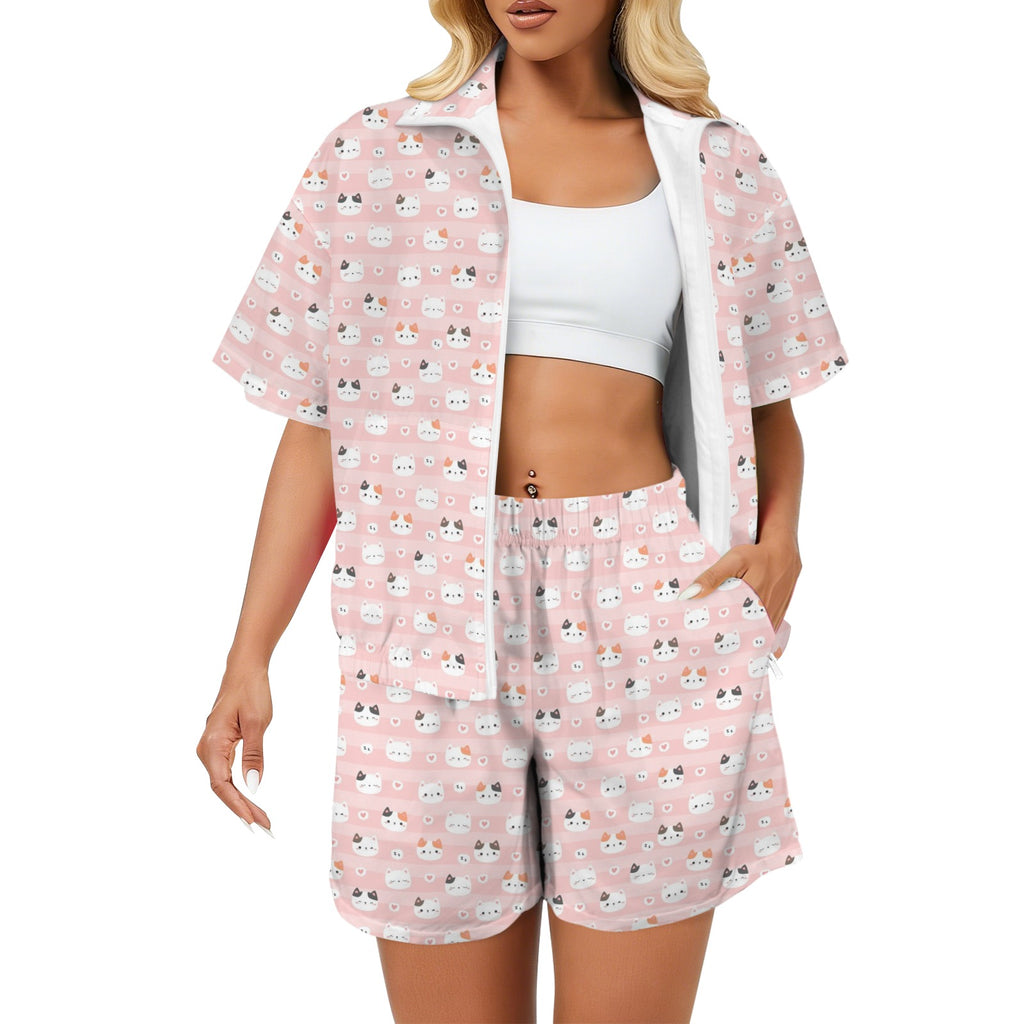 Pink Cats Women's Windbreaker Short Set 2XL Women's Windbreaker Short Set animal Printed Offshore