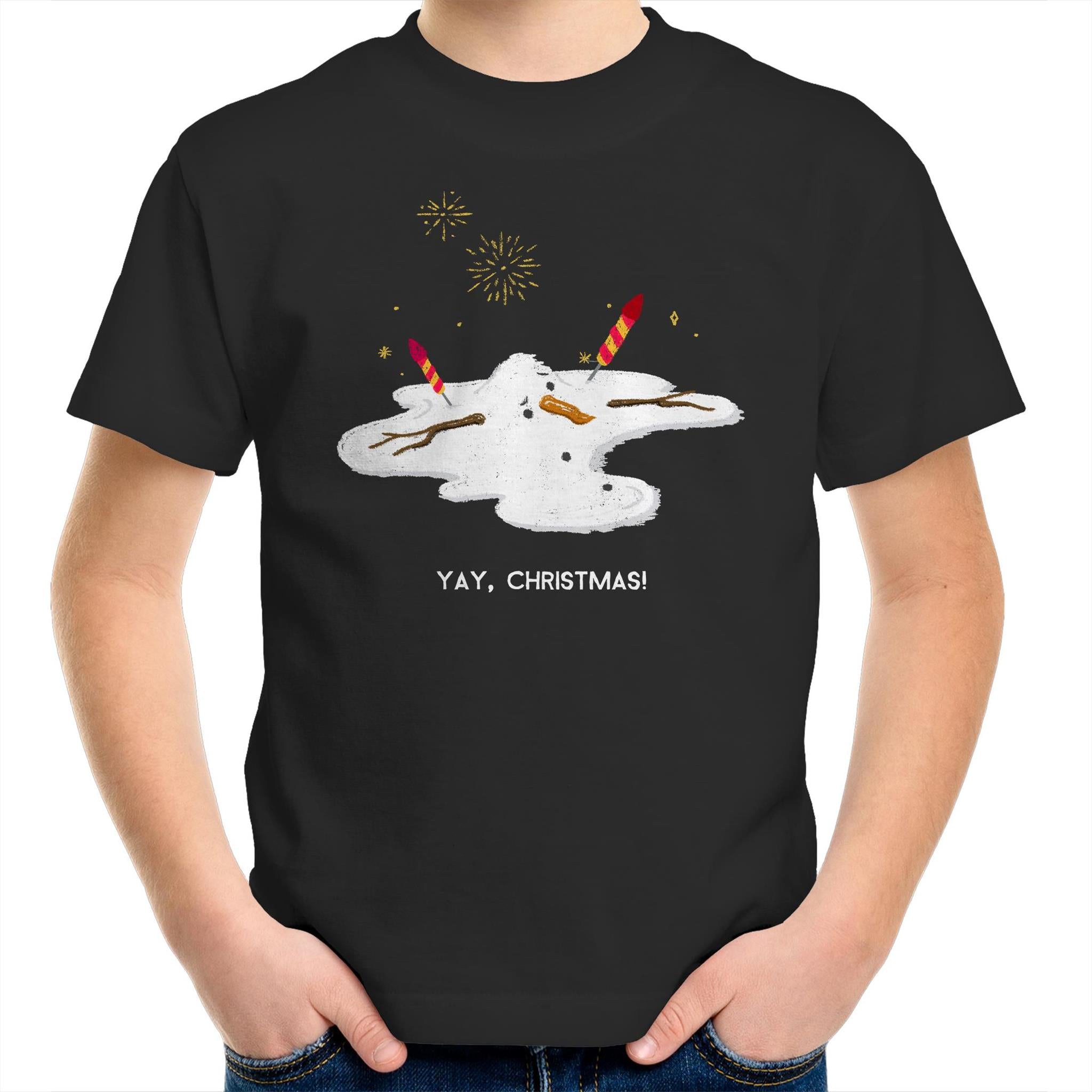 Melting Snowman, Yay Christmas - Kids Youth T-Shirt Black Kids Christmas T-shirt Christmas Printed In Australia