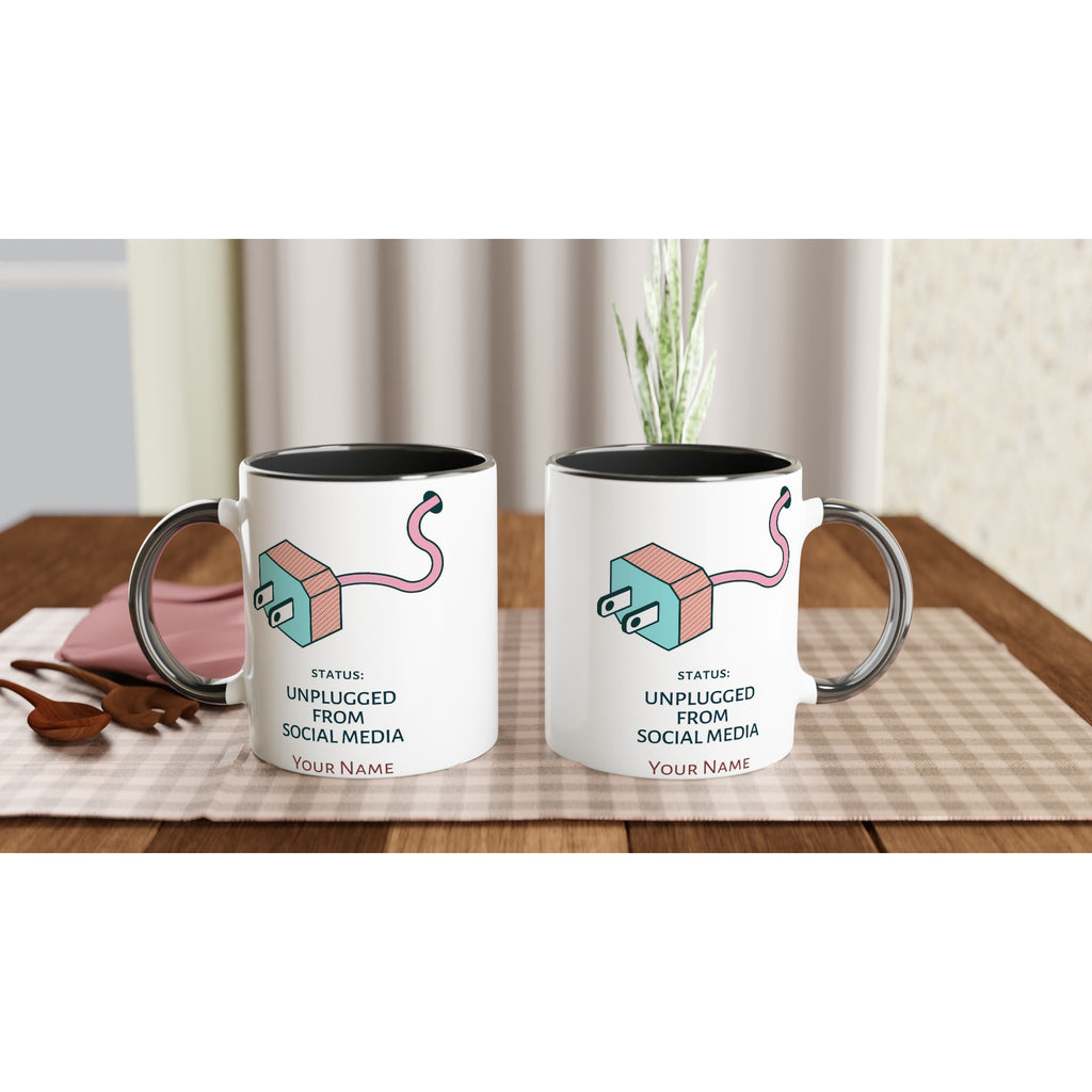Personalised - Status: Unplugged From Social Media - White 11oz Ceramic Mug With Colour Inside Personalised 11oz Mug Customise Globally Fulfilled Name Personalise