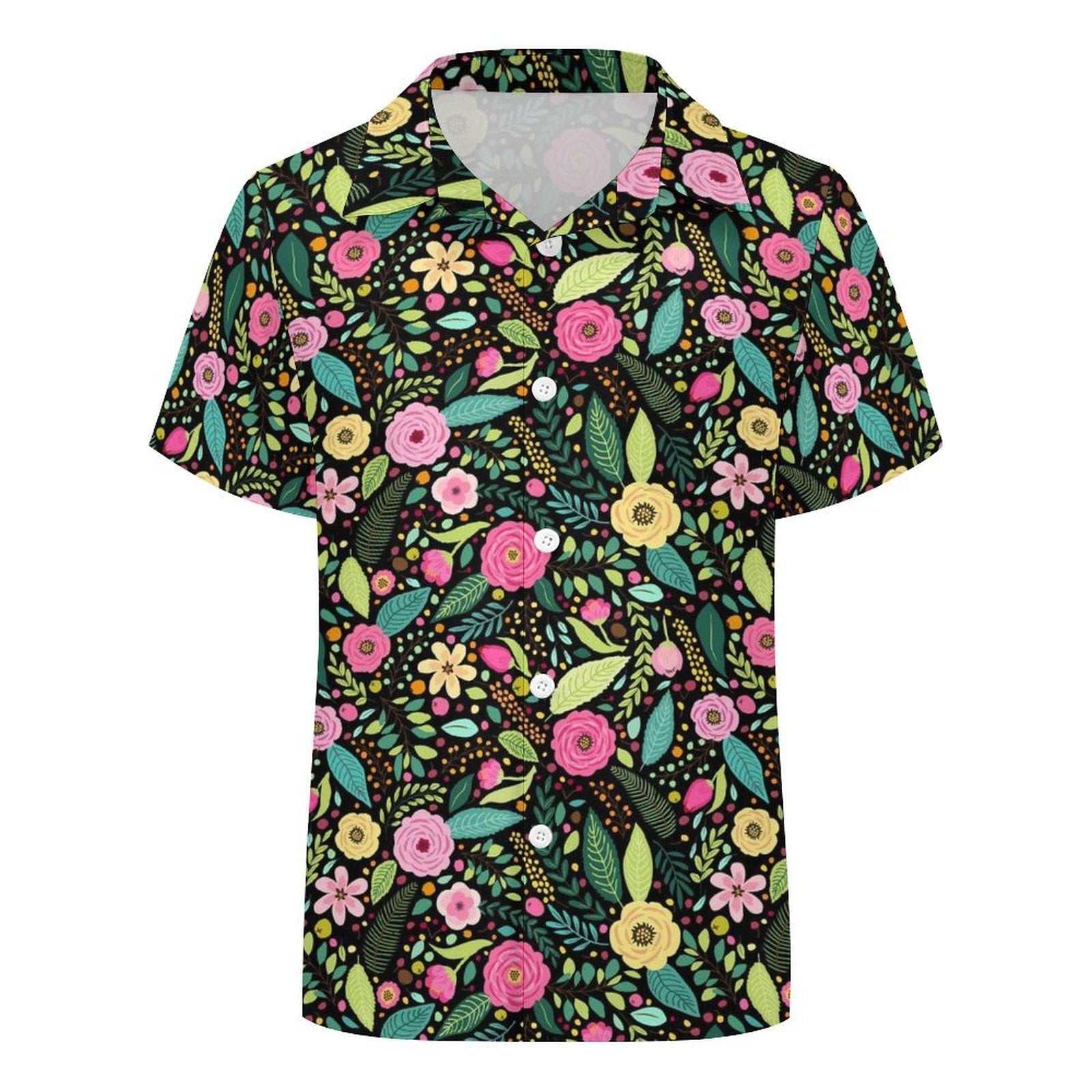 Bright Floral And Leaves Kids Youth Short Sleeve Button Up Shirt