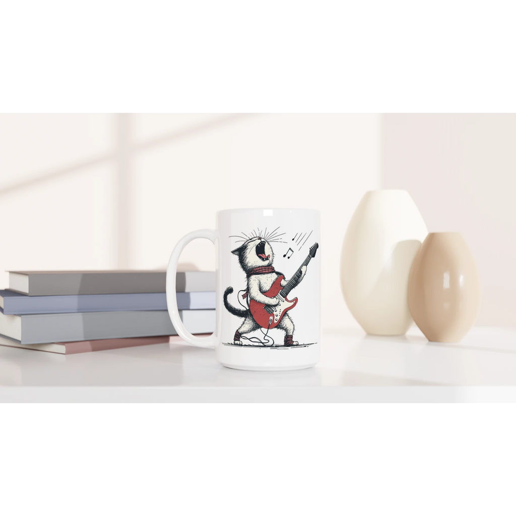 Personalised Cat Playing Guitar White 15oz Ceramic Mug Personalised 15oz Mug animal Globally Fulfilled Music