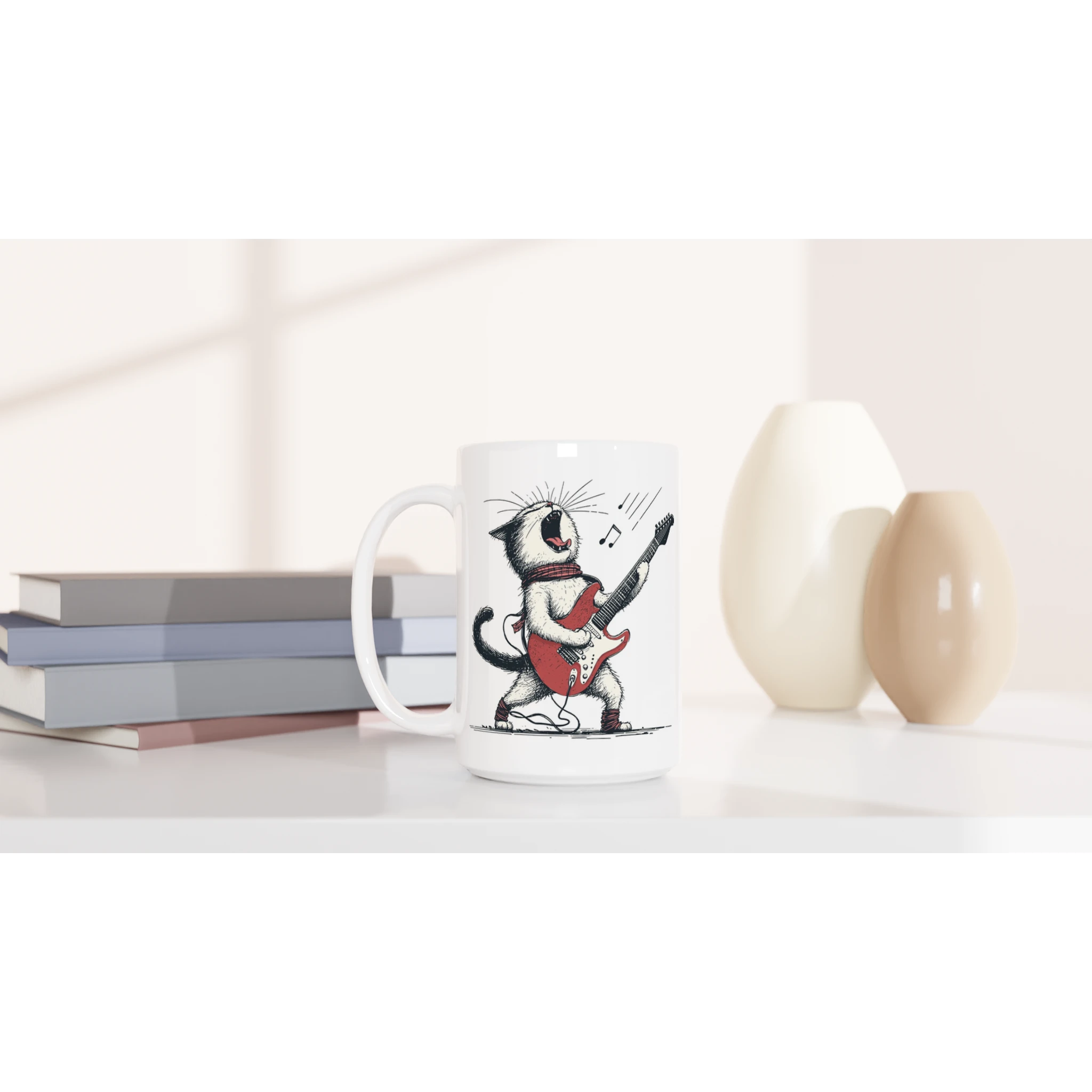 Personalised Cat Playing Guitar White 15oz Ceramic Mug Personalised 15oz Mug animal Globally Fulfilled Music