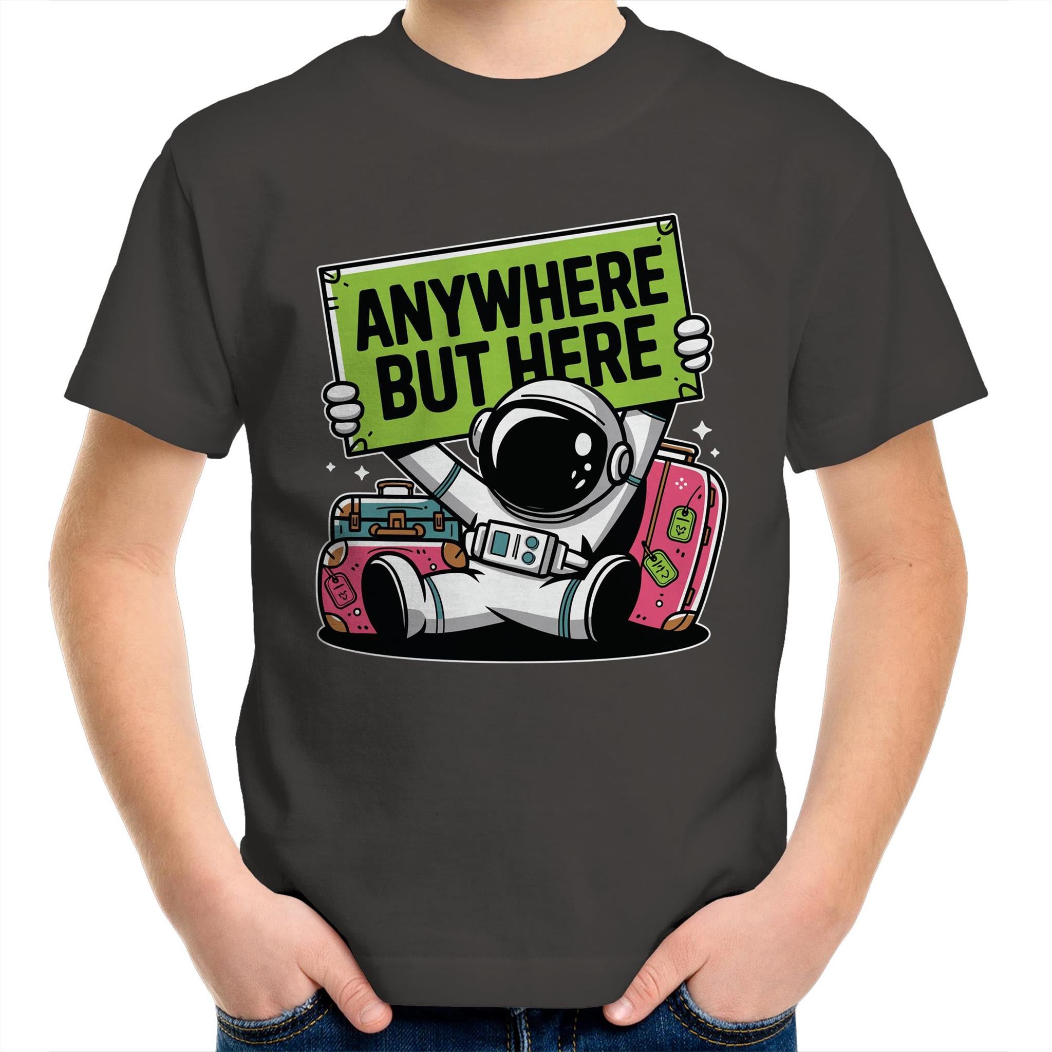 Astronaut, Anywhere But Here - Kids Youth T-Shirt Charcoal Kids Youth T-shirt Printed In Australia Space