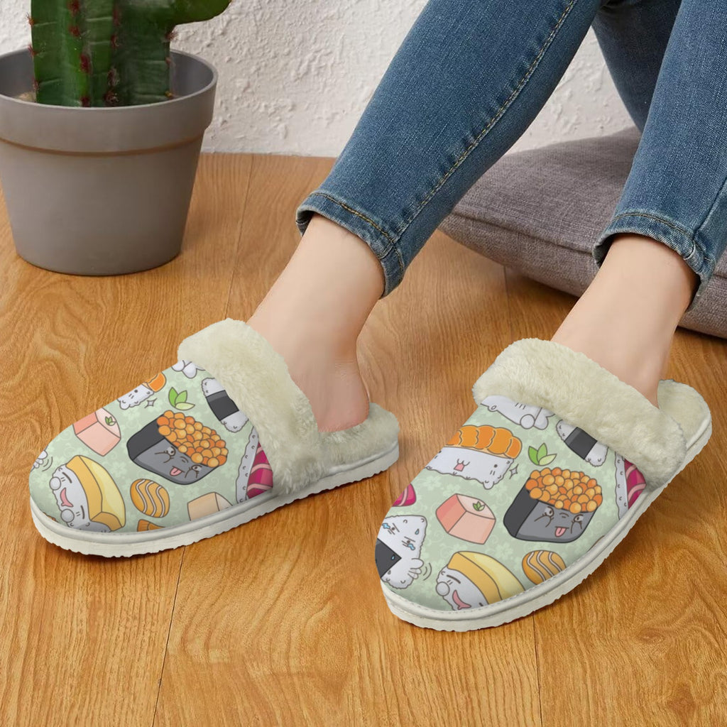 Happy Sushi Women's Fur Trim Thick-Sole Indoor Slippers Women's Fur Trimmed Slippers Food Printed Offshore
