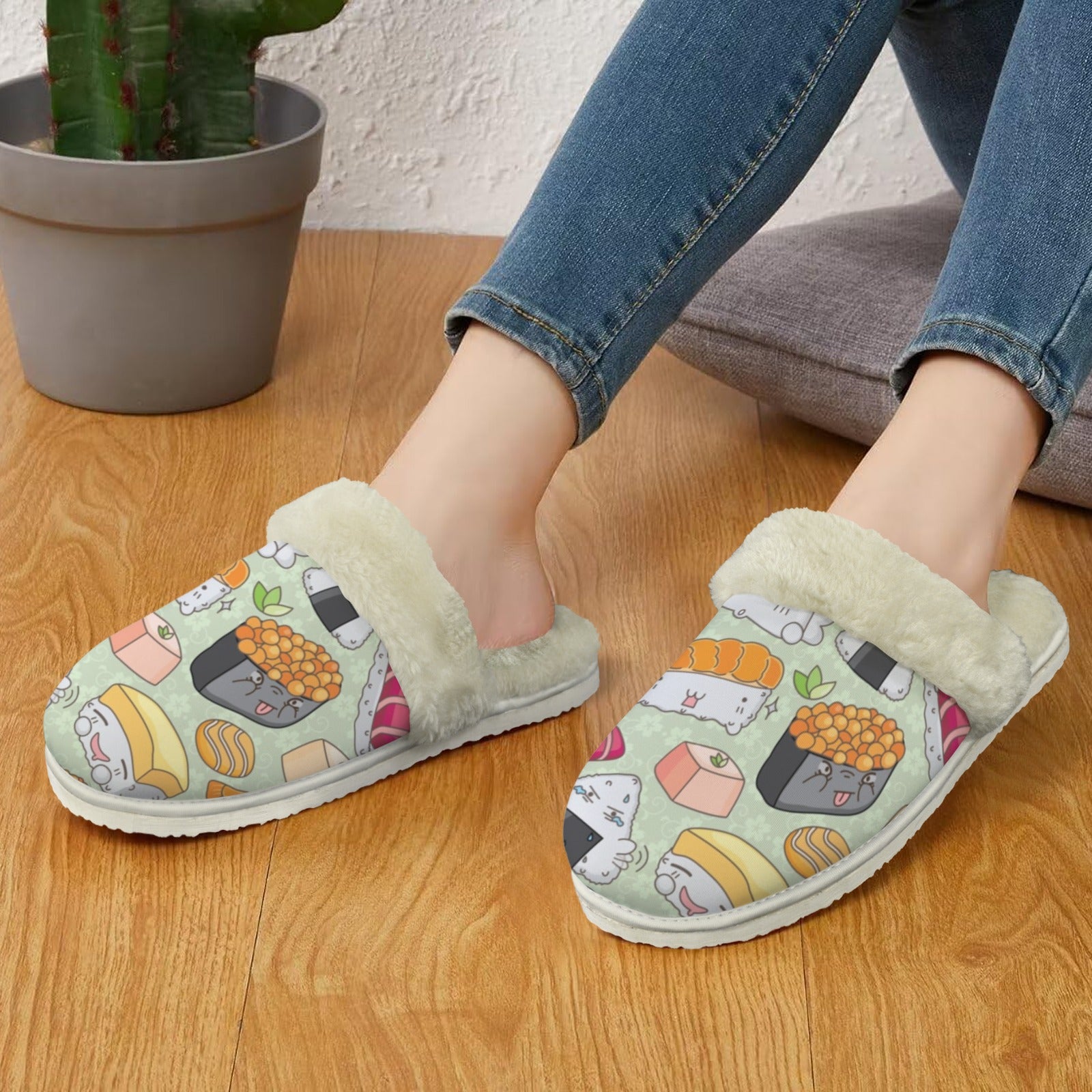 Happy Sushi Women's Fur Trim Thick-Sole Indoor Slippers Women's Fur Trimmed Slippers Food Printed Offshore