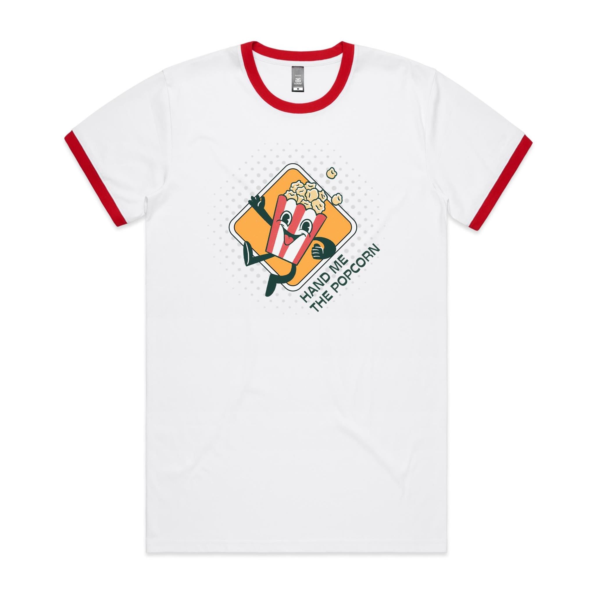 Hand Me The Popcorn - Staple Ringer Tee White Red Ringer T-Shirt Food Printed In Australia