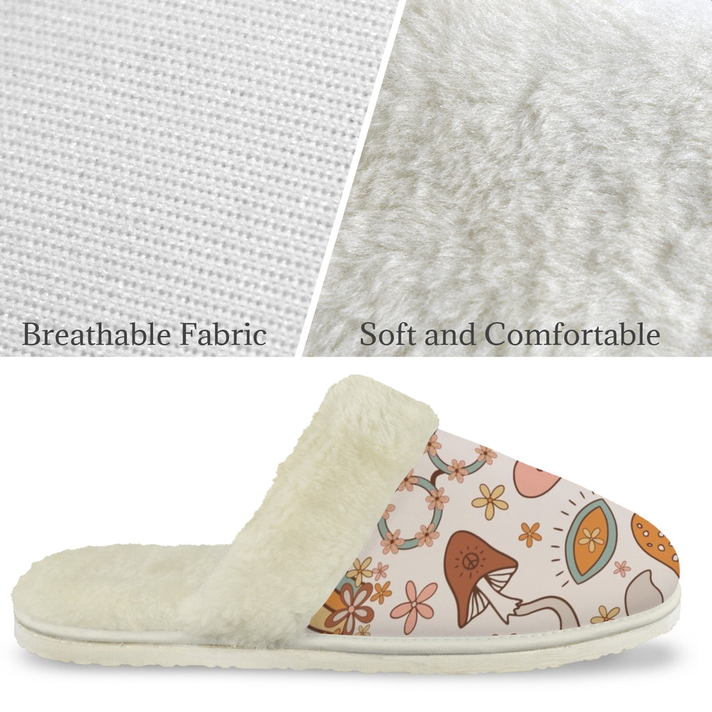 Peace And Love Women's Fur Trim Thick-Sole Indoor Slippers Women's Fur Trimmed Slippers Printed Offshore Retro