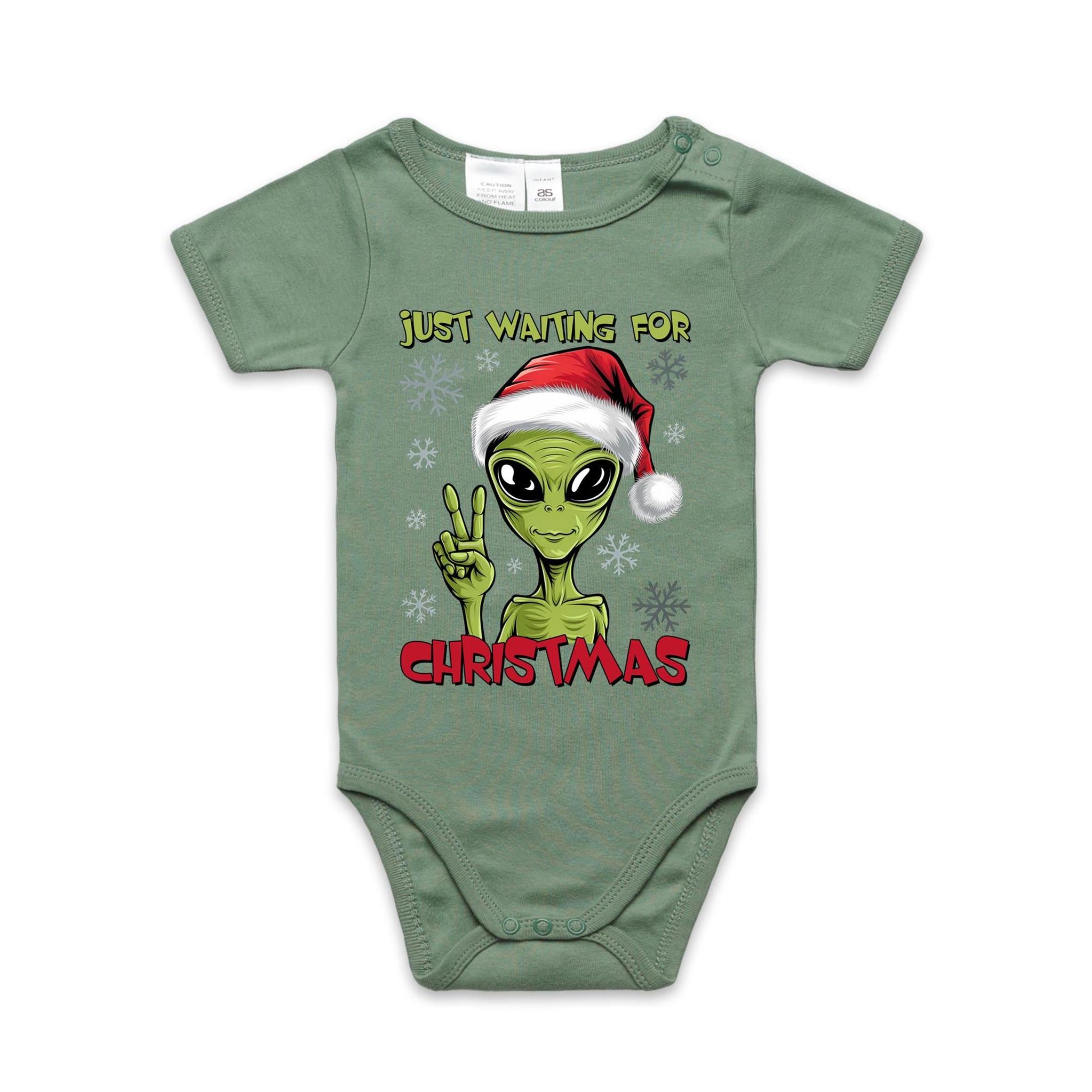 Just Waiting For Christmas - Baby Bodysuit Sage Baby Christmas Bodysuit Christmas Printed In Australia