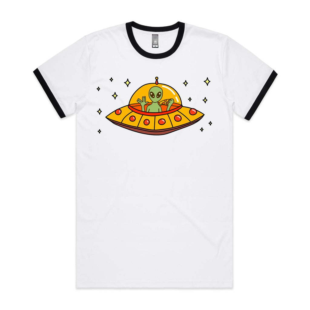 Alien Pizza, UFO - Staple Ringer Tee White Black Ringer T-Shirt Food Printed In Australia Sci Fi