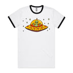 Alien Pizza, UFO - Staple Ringer Tee White Black Ringer T-Shirt Food Printed In Australia Sci Fi