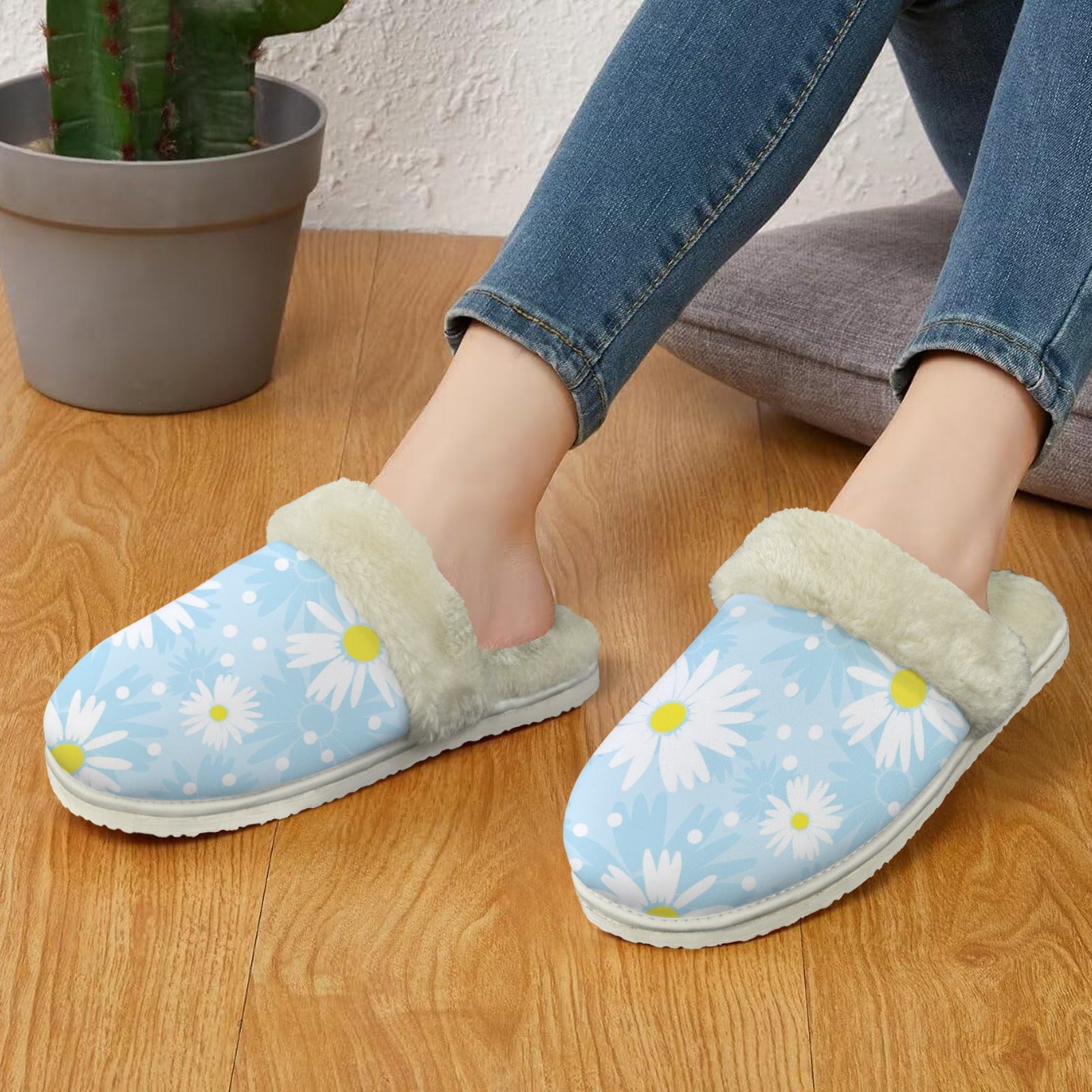 Blue Chamomile Women's Fur Trim Thick-Sole Indoor Slippers Women's Fur Trimmed Slippers Plants Printed Offshore