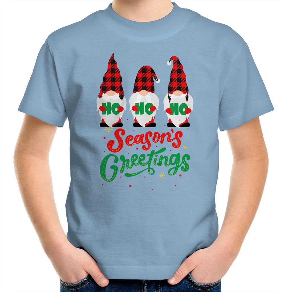 Christmas Gnomes Seasons Greetings - Kids Youth T-Shirt Carolina Blue Kids Christmas T-shirt Christmas Printed In Australia
