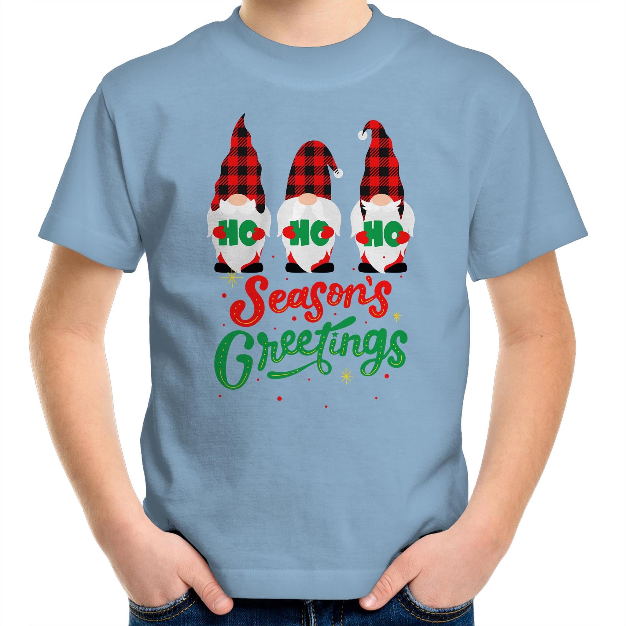 Christmas Gnomes Seasons Greetings - Kids Youth T-Shirt Carolina Blue Kids Christmas T-shirt Christmas Printed In Australia