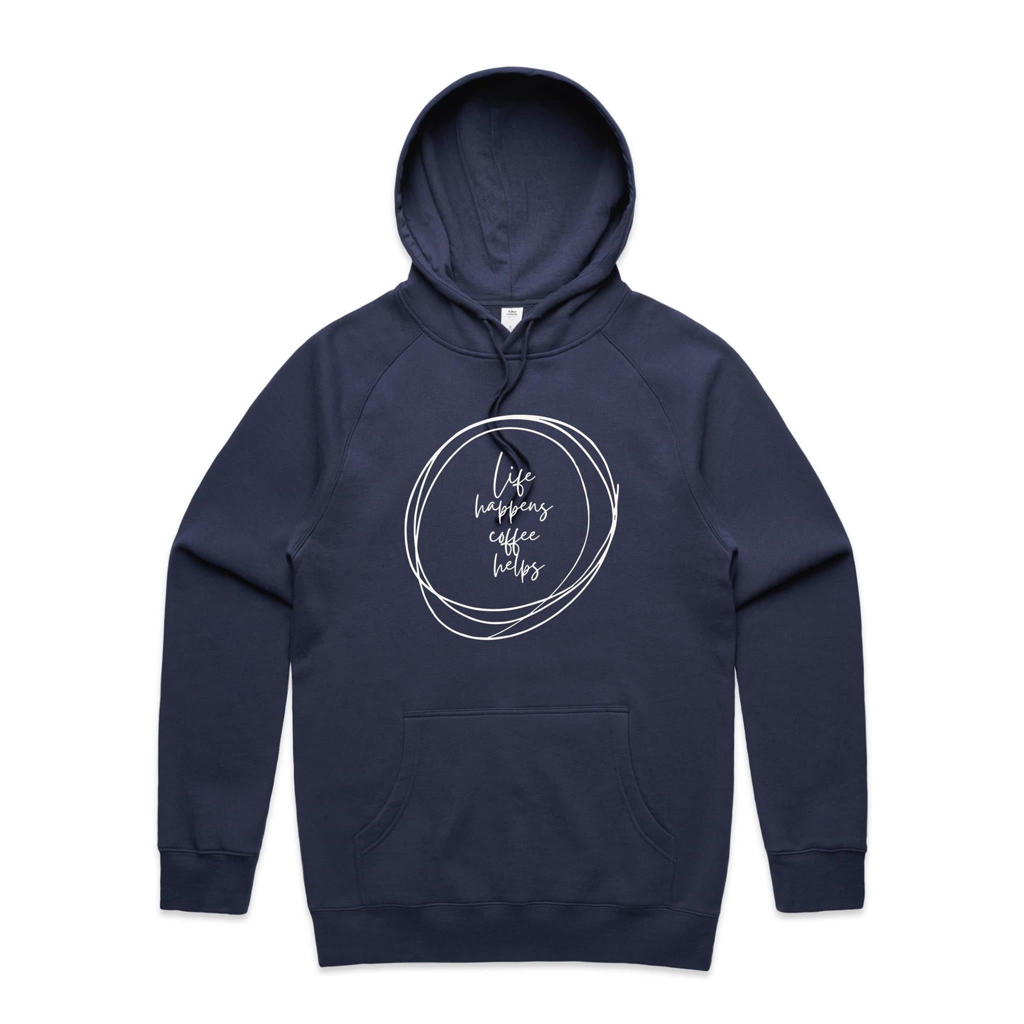 Life Happens, Coffee Helps - Mens Hoodie Midnight Blue Mens Hoodie Coffee Printed In Australia