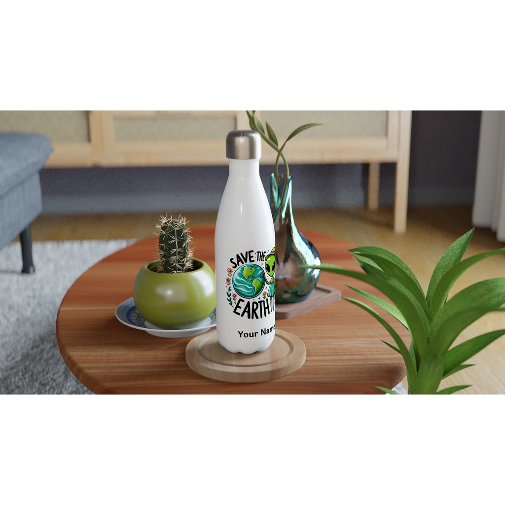 Personalised - Save The Earth, Alien - White 17oz Stainless Steel Water Bottle Personalised Water Bottle customise Environment Globally Fulfilled personalise Sci Fi