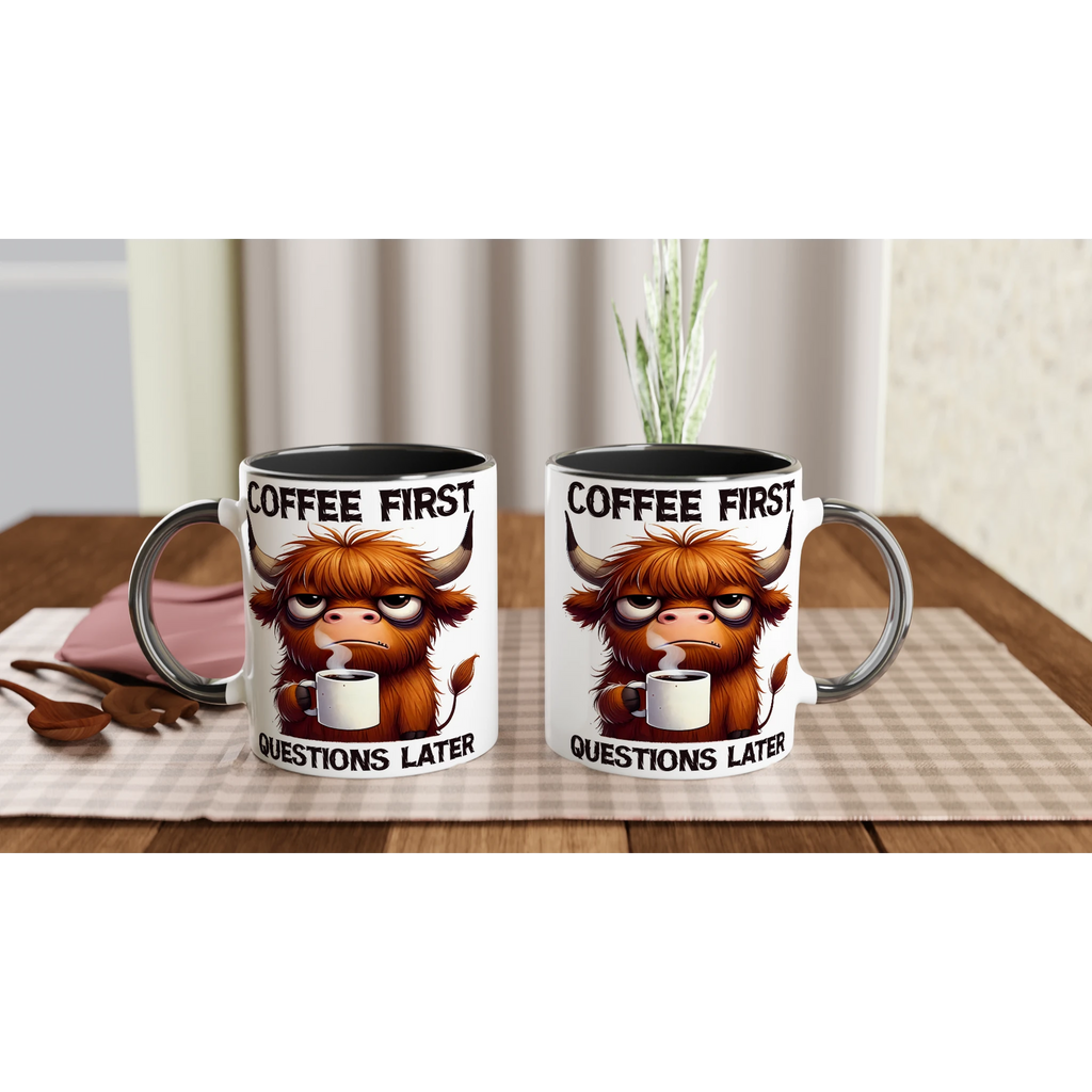 Personalise - Coffee First, Questions Later, Highland Cow - 11oz Ceramic Mug Personalised 11oz Mug animal Coffee Globally Fulfilled