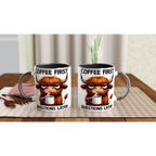 Personalise - Coffee First, Questions Later, Highland Cow - 11oz Ceramic Mug Personalised 11oz Mug animal Coffee Globally Fulfilled