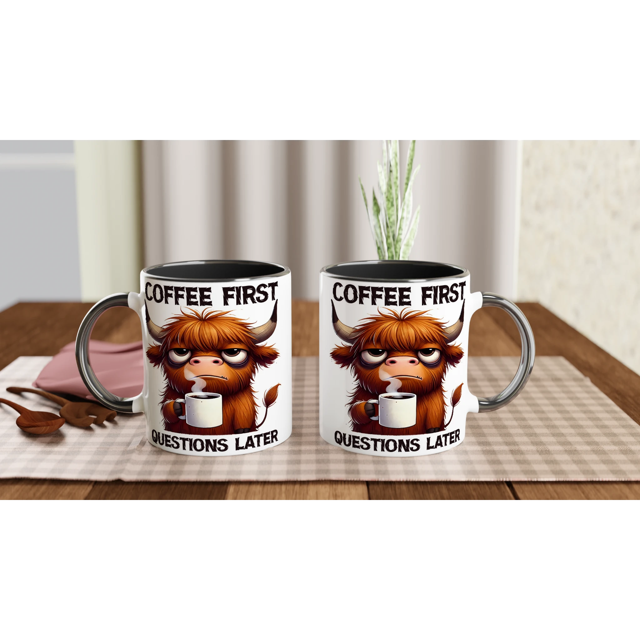 Personalise - Coffee First, Questions Later, Highland Cow - 11oz Ceramic Mug Personalised 11oz Mug animal Coffee Globally Fulfilled