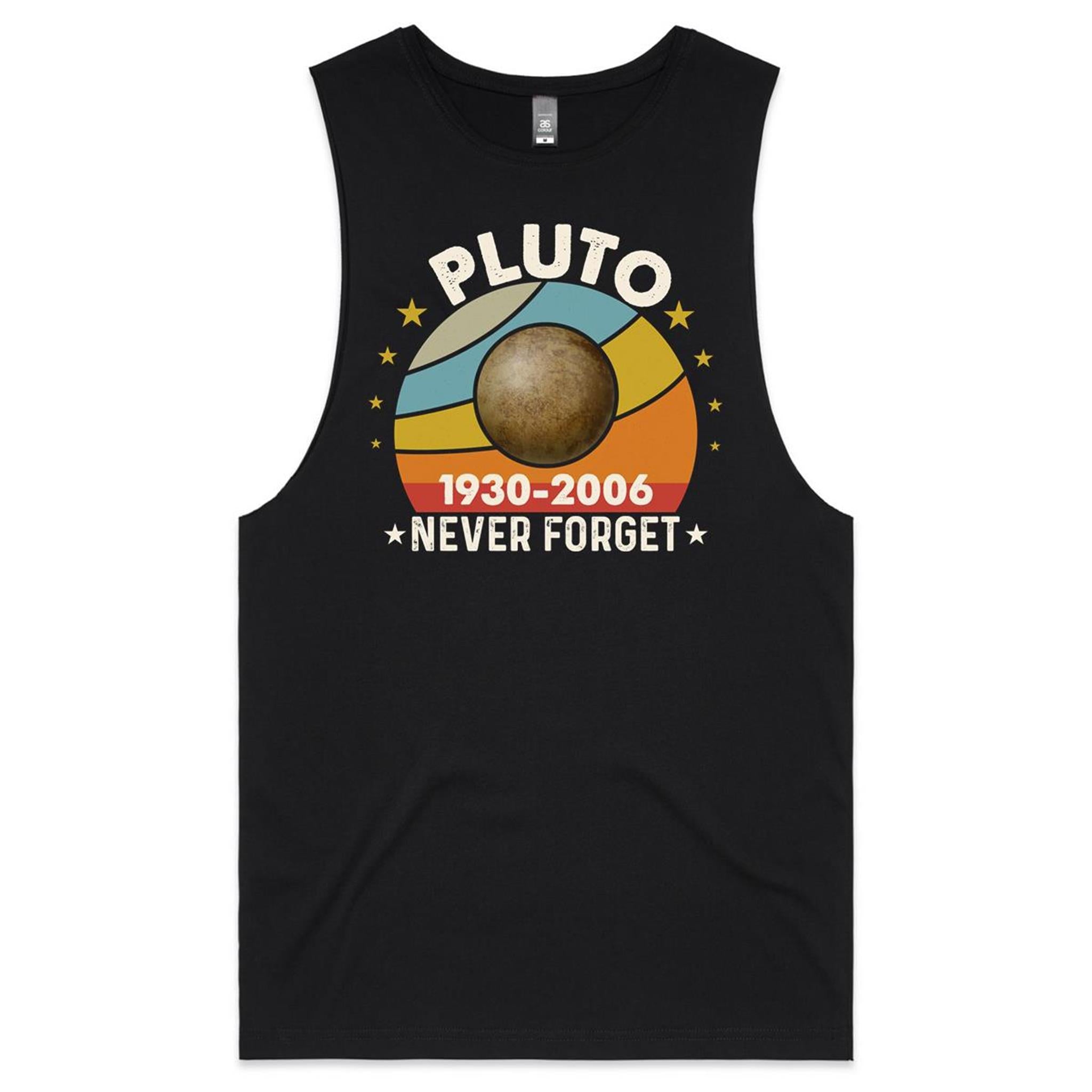 Never Forget Pluto - Mens Tank Top Tee Black Drop Arm Tank Top Printed In Australia Space
