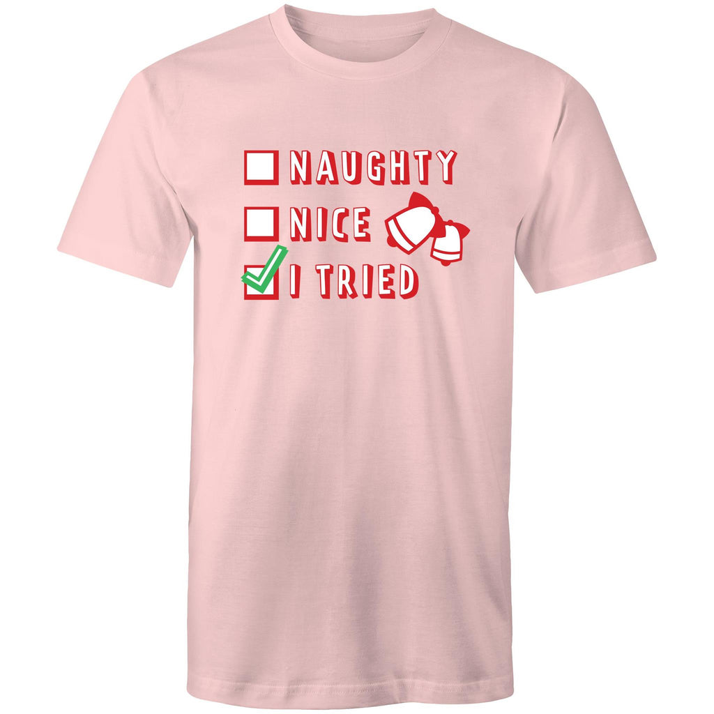 Santa's List, Naught, Nice, I Tried, Christmas - Mens T-Shirt Pink Mens Christmas T-shirt Christmas Printed In Australia