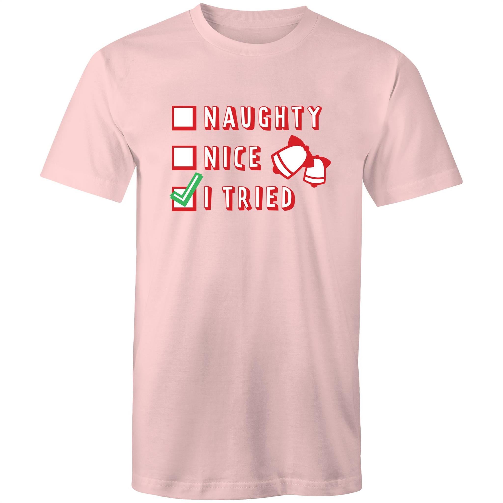 Santa's List, Naught, Nice, I Tried, Christmas - Mens T-Shirt Pink Mens Christmas T-shirt Christmas Printed In Australia