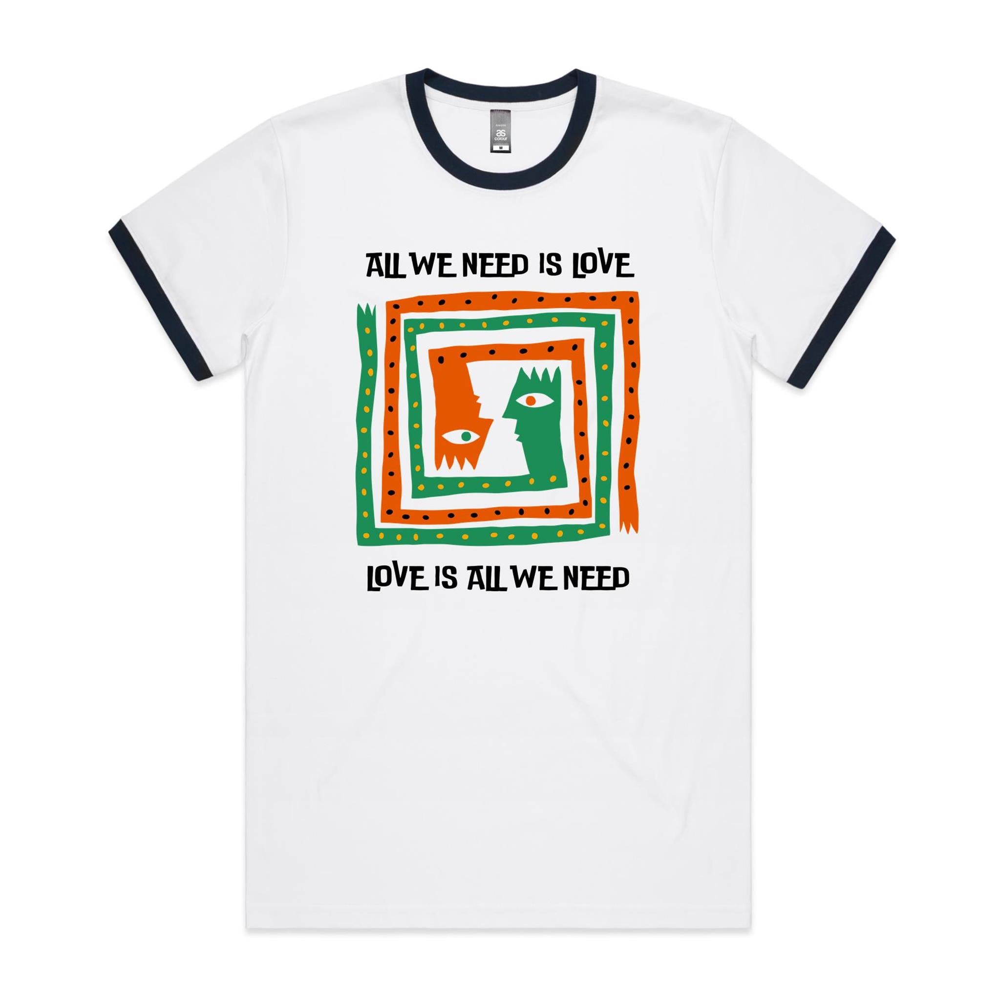 All We Need Is Love - Staple Ringer Tee White Navy Ringer T-Shirt Love Printed In Australia