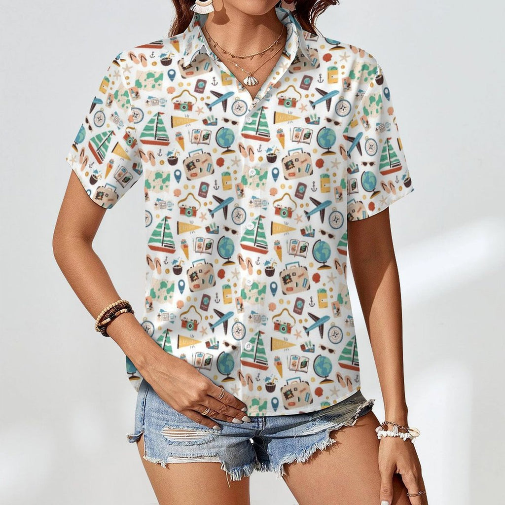 Travel And Explore Women's Collared Pocketless Short Sleeve Shirt