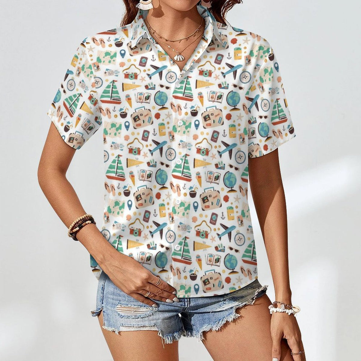 Travel And Explore Women's Collared Pocketless Short Sleeve Shirt