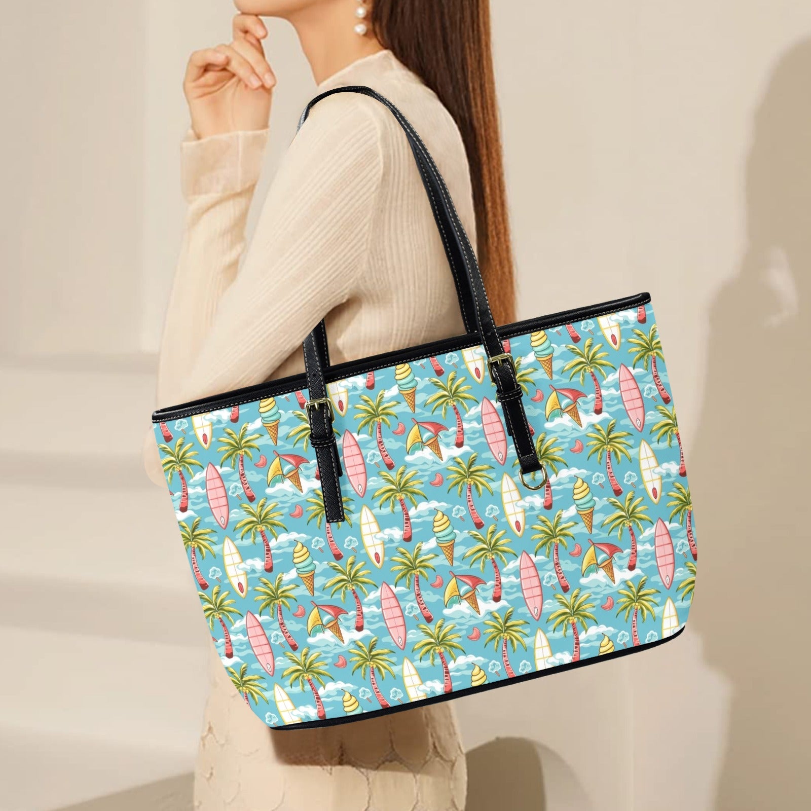 Summer Surf PU Leather Tote Bag Large Leather Tote Bag-Large Printed Offshore Summer Surf
