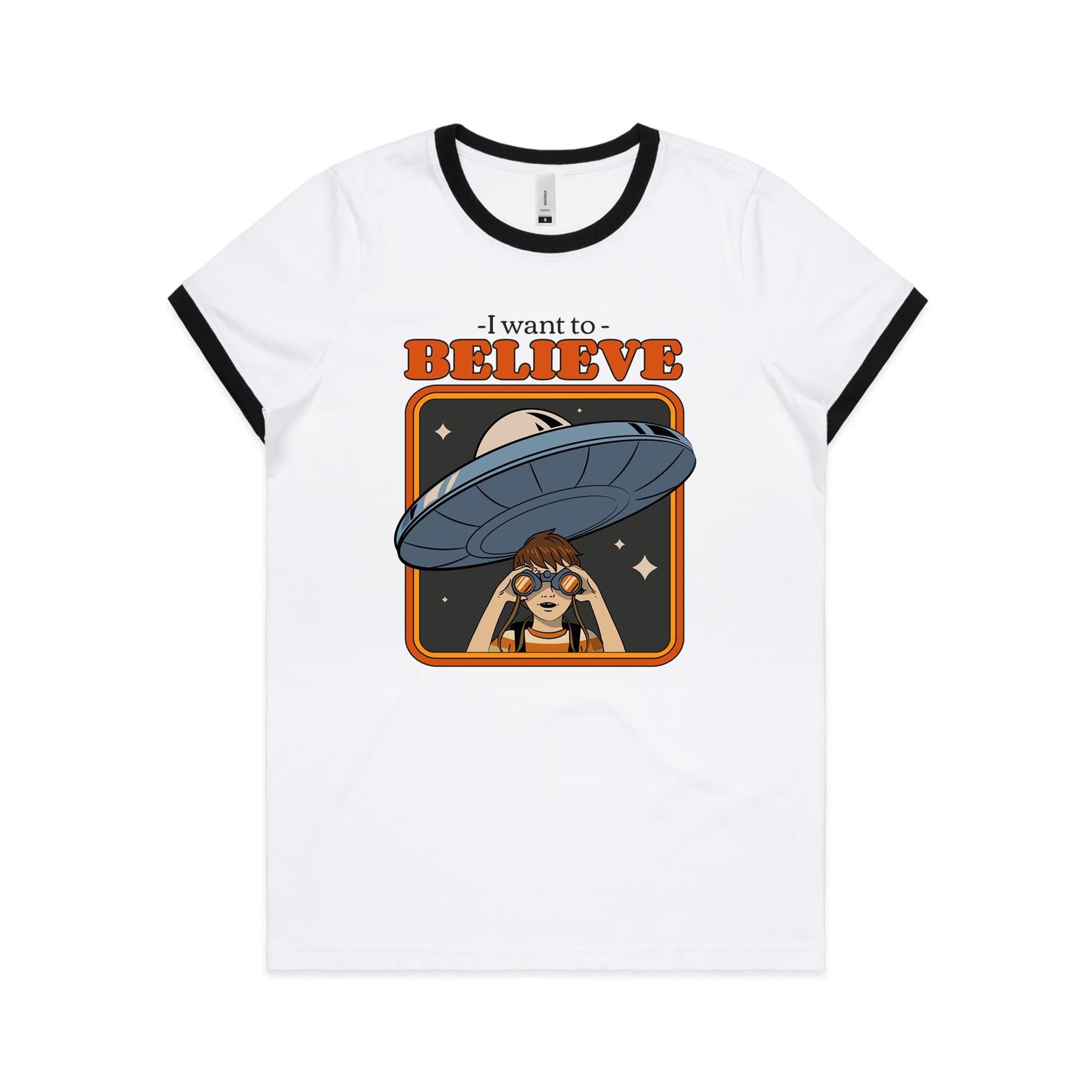 I Want To Believe, UFO - Women's Ringer Tee White Black Womens Ringer T-shirt Printed In Australia Sci Fi