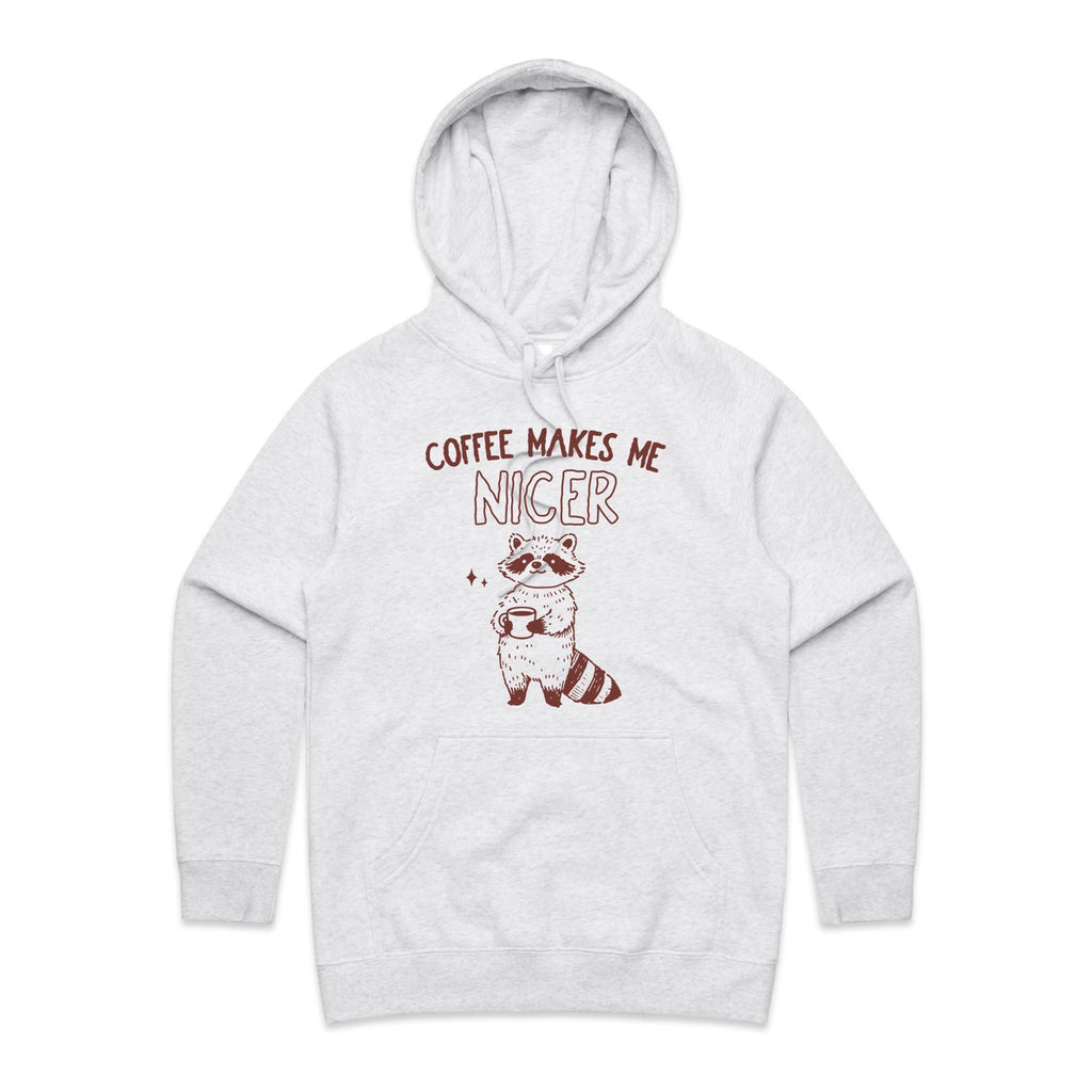 Coffee Makes Me Nicer, Raccoon - Womens Hoodie White Marle Womens Hoodie animal Coffee Printed In Australia