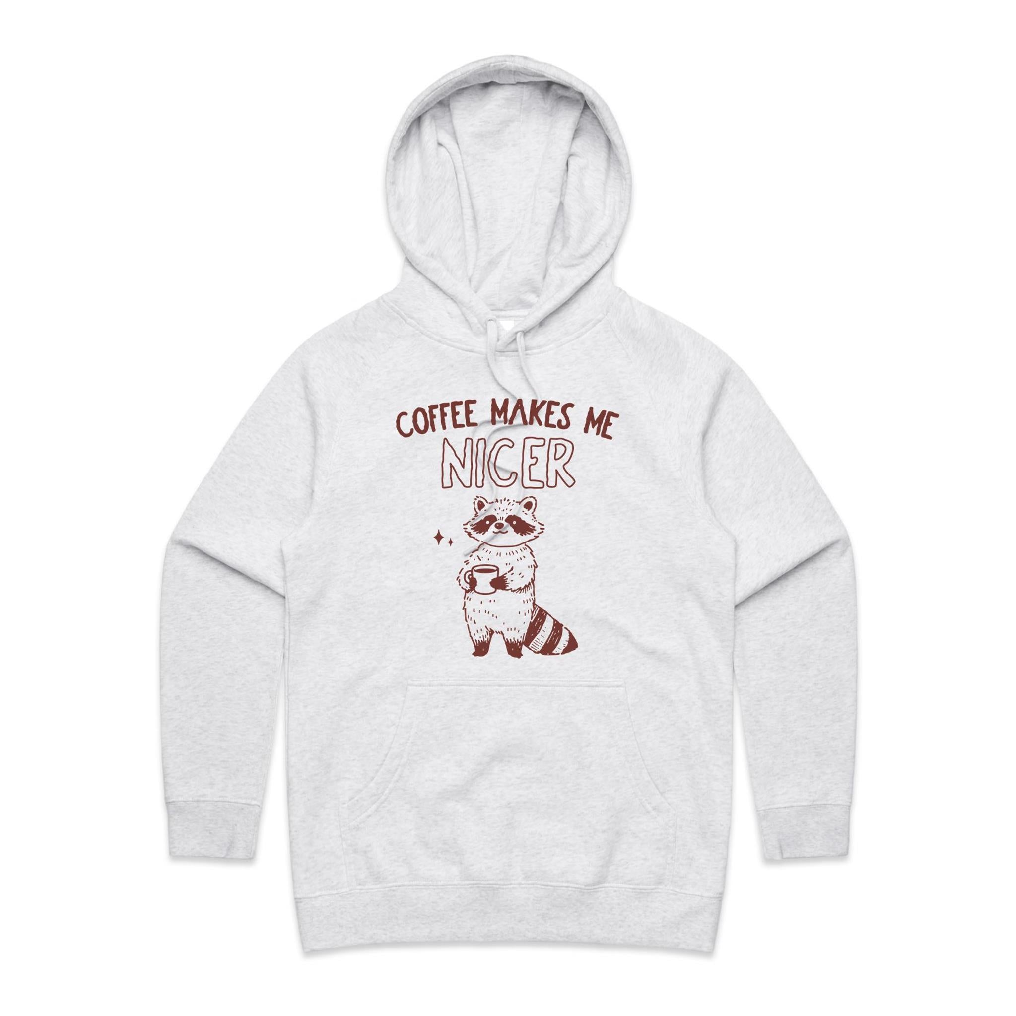 Coffee Makes Me Nicer, Raccoon - Womens Hoodie White Marle Womens Hoodie animal Coffee Printed In Australia