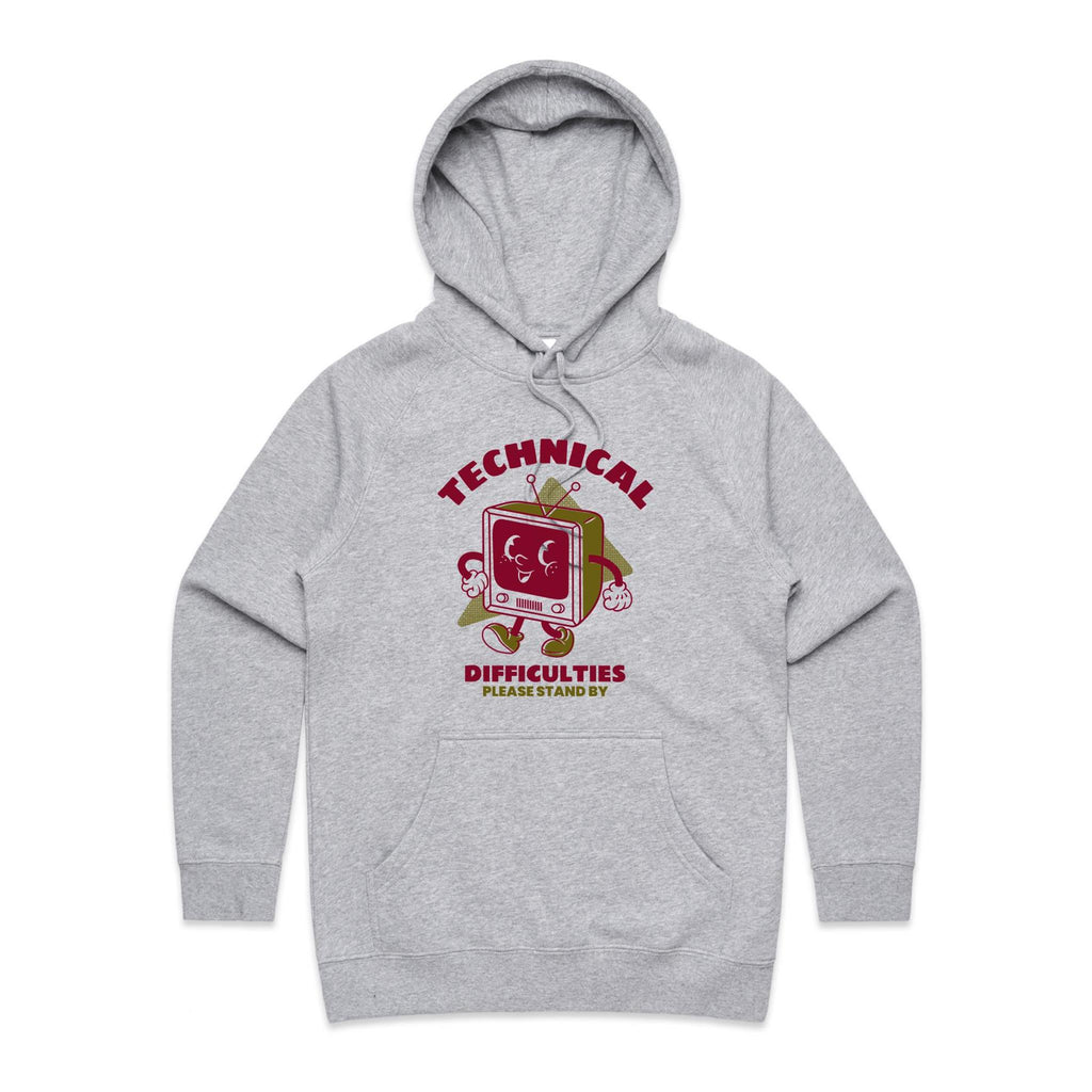 Retro TV, Technical Difficulties - Womens Hoodie Grey Marle Womens Hoodie Printed In Australia Retro Tech