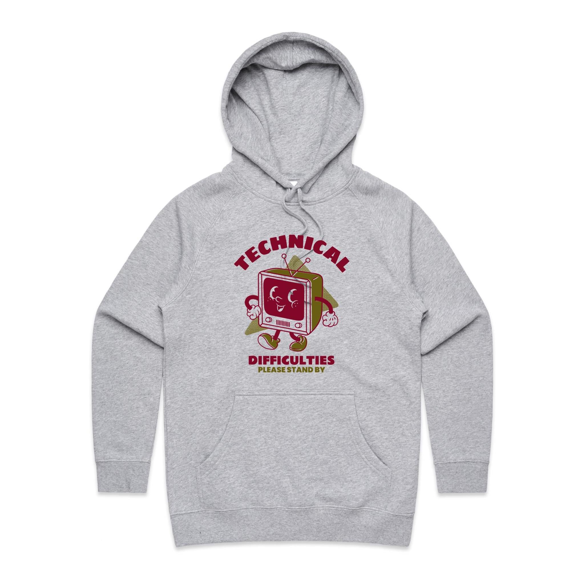 Retro TV, Technical Difficulties - Womens Hoodie Grey Marle Womens Hoodie Printed In Australia Retro Tech