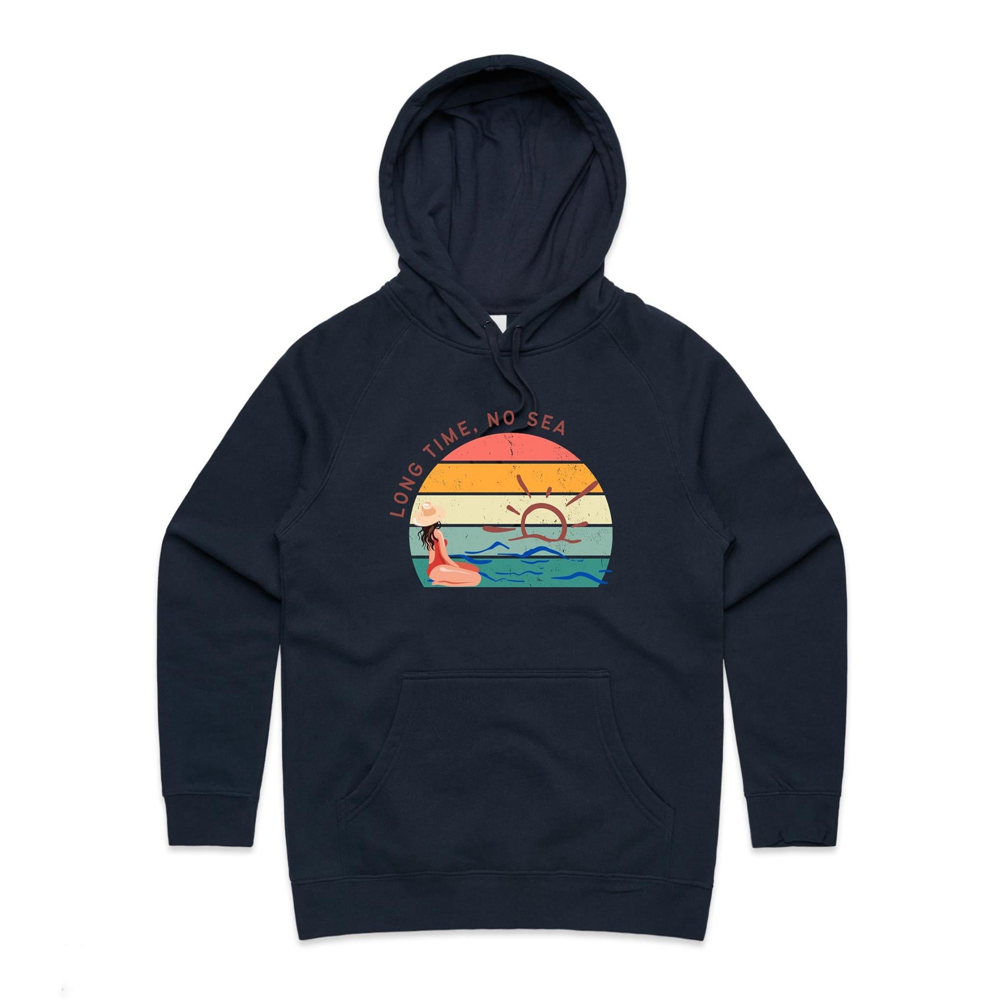 Long Time, No Sea - Womens Hoodie Navy Womens Hoodie Printed In Australia Summer Surf