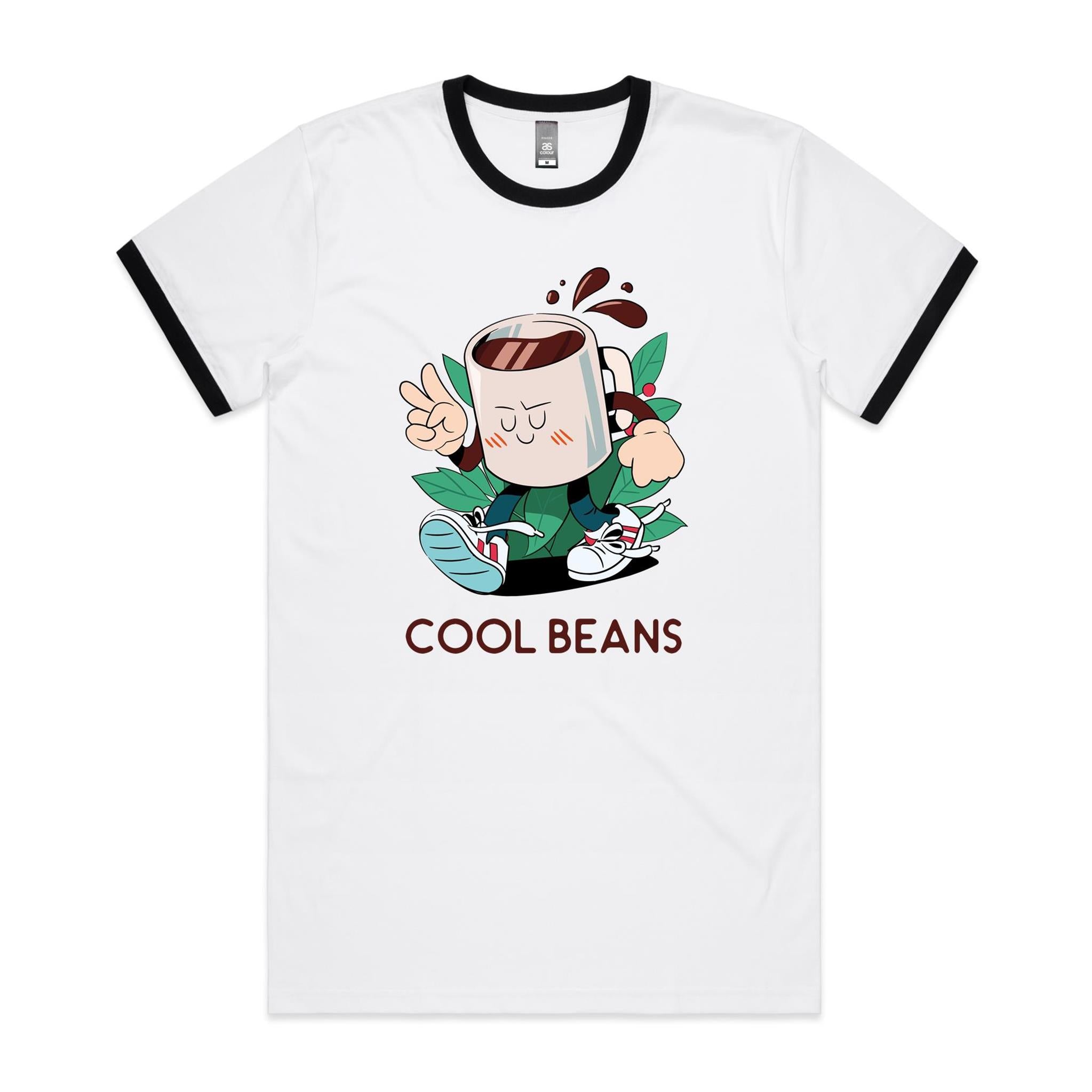 Cool Beans, Coffee - Staple Ringer Tee White Black Ringer T-Shirt Coffee Printed In Australia