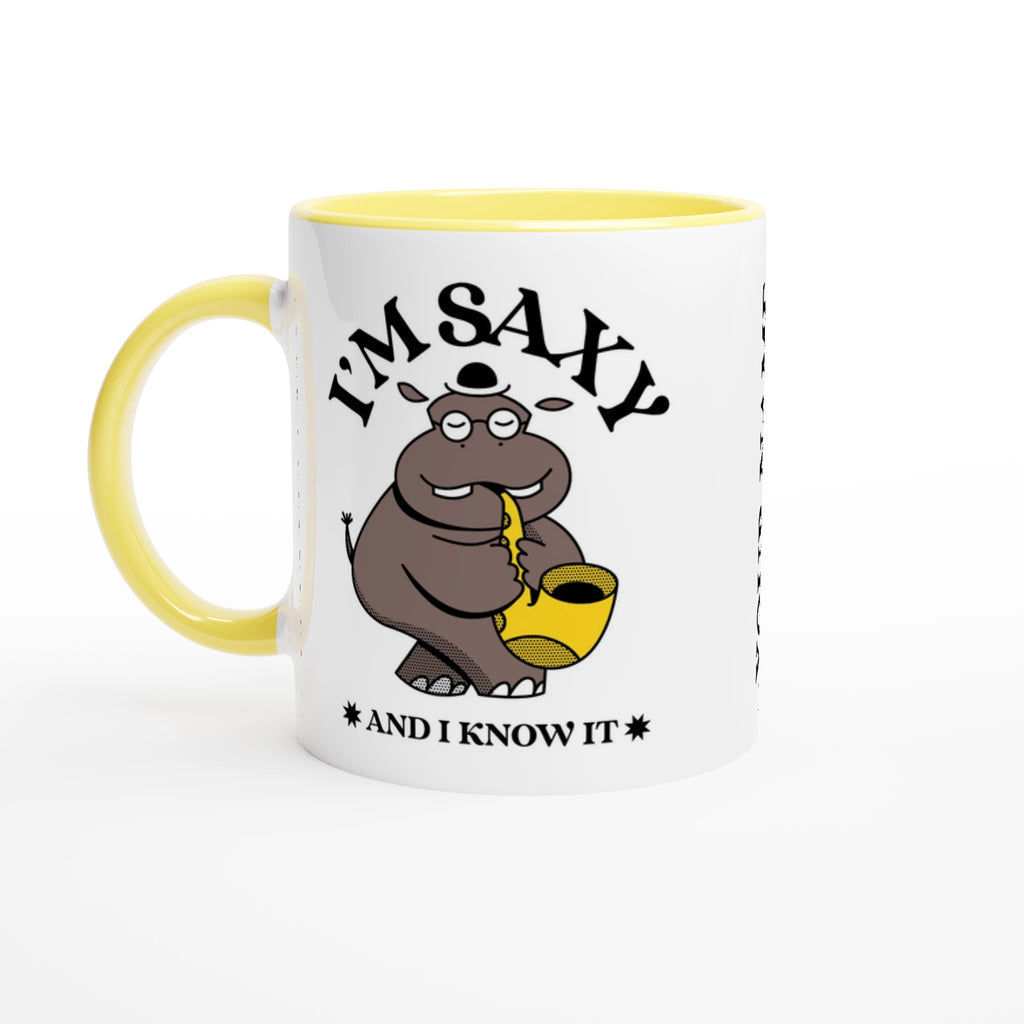 Personalised - I'm Saxy And I Know It, Saxophone Hippo - White 11oz Ceramic Mug with Colour Inside Ceramic Yellow Personalised 11oz Mug animal customise Globally Fulfilled Music personalise