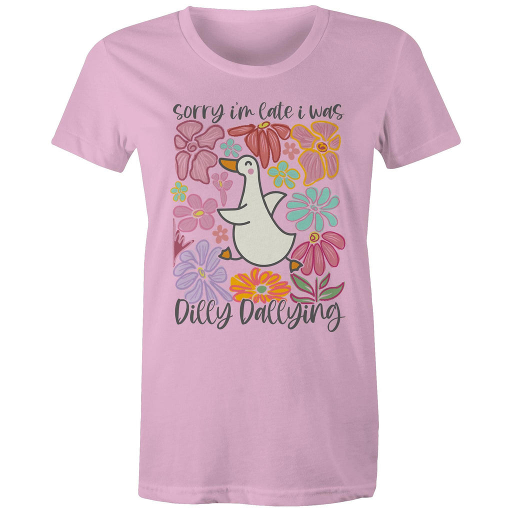 Sorry I'm Late, I Was Dilly Dallying - Womens T-shirt Pink Womens T-shirt animal Printed In Australia