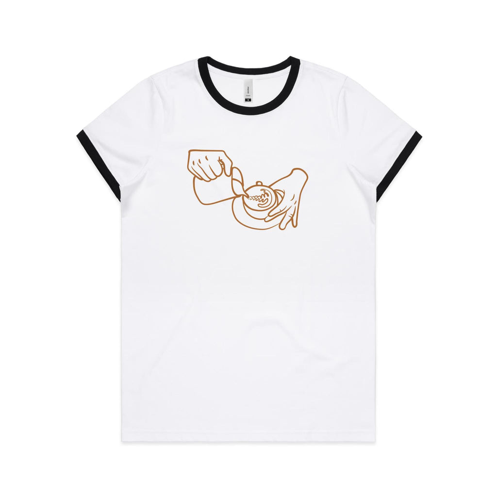 Barista - Women's Ringer Tee White Black Womens Ringer T-shirt Coffee Printed In Australia