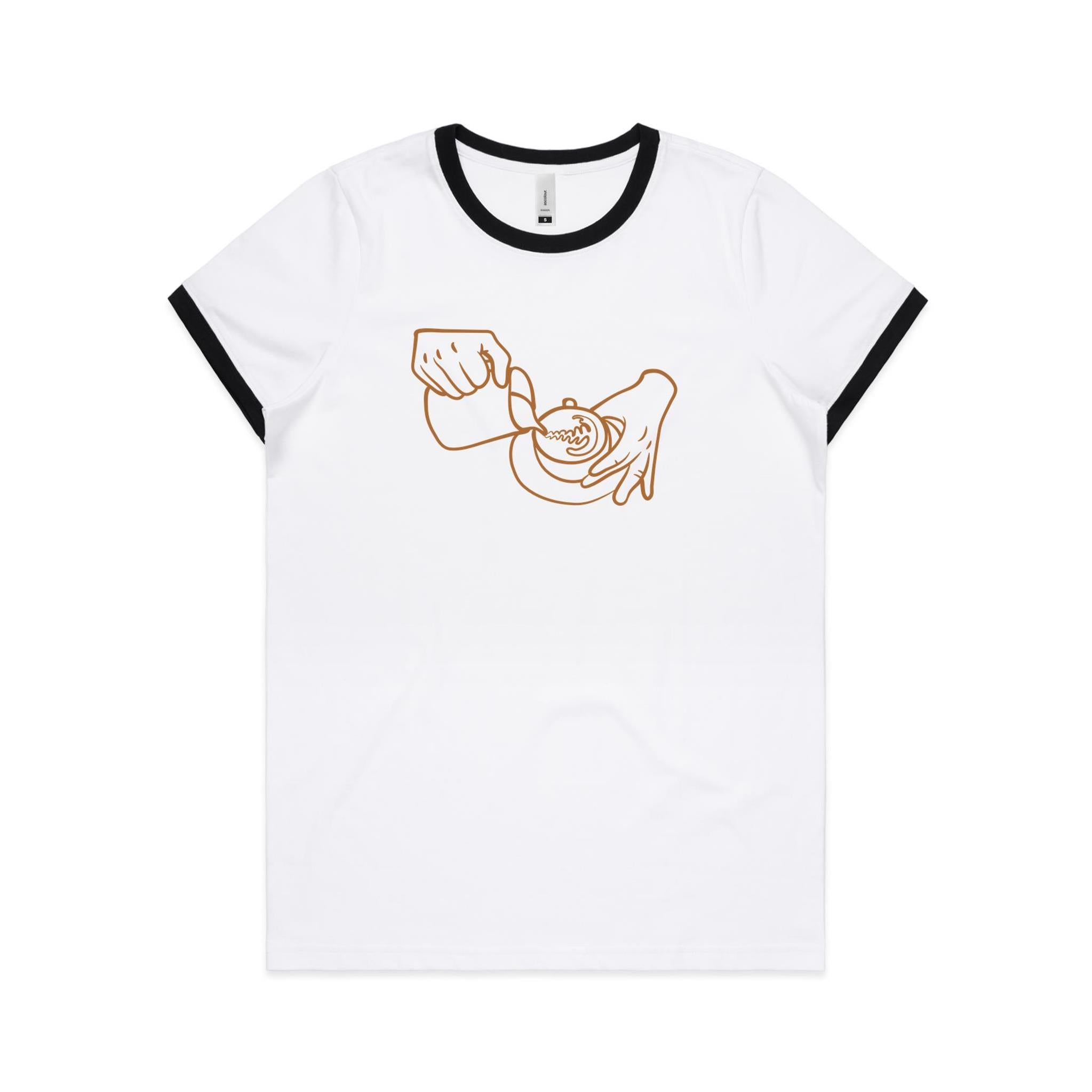 Barista - Women's Ringer Tee White Black Womens Ringer T-shirt Coffee Printed In Australia