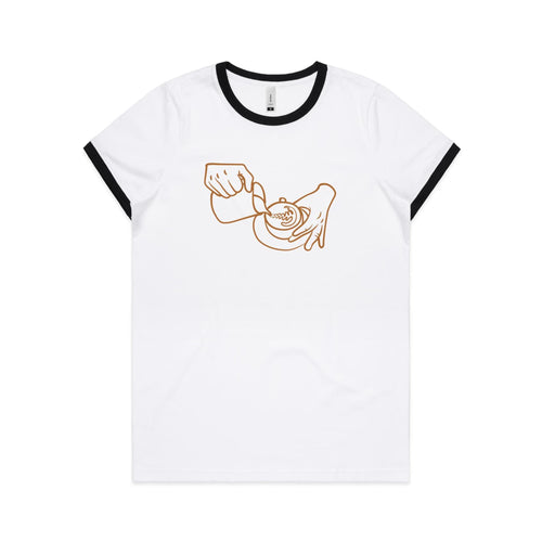 Barista - Women's Ringer Tee White Black Womens Ringer T-shirt Coffee Printed In Australia